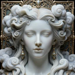 detailed realistic face portrait octane render, artwork by james jean, chiara bautista, smooth polished matte porcelain, queen of futility, jean delville, art nouveau, james jean spiraling clouds, ornate metal gothic icon heavy patina, joy, delicate, enchanting, otherworldly, whimsical, ethereal, mythology, magical, visionary dreamscape