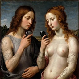 perfect renaissance painting of ada and eve with tattoos and cell phones, intricate photo realistic faces, art by michaelangelo, post - processed