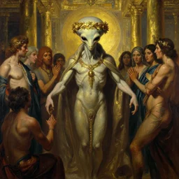 beautiful oil painting, high details, the alien god emperor of ancient civilization surrounded by servants in gilded halls a golden wreath upon his head, by anders zorn, wonderful masterpiece by greg rutkowski, beautiful cinematic light, american romanticism, by giger, rolf armstrong, ernie barnes