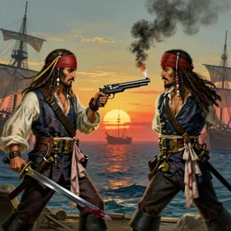 two pirates, one with a sword and one with a gun, facing each other in a duel to the death, gun pirate has a smoldering barrel of gunpowder smoke behind him, and the sword pirate has a bloody sword in his hand, sun is setting in the background, ship on the horizon!, portrait 4 / 3, fantasy, high detail, greg rutkowski, james gurney, gene wolfe, gustave dore, jesper ejsing, rhads, makoto shinkai, ilya kuvshinov