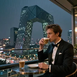 elegant man drinking coffee at balcony in guangzhou, city with detailed zaha hadid building seen behind, late night raining, highly detailed characters, by greg rutkowski, alphonse mucha, beeple, sharp focus, digital art, smooth, light refraction, pixiv art, volumetric lighting