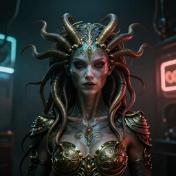 Cyberpunk medusa, dark atmosphere, cinematic shot, intricate, ornate, photorealistic, ultra detailed, realistic, 35mm, photography, neon, octane, high definition, depth of field, bokeh, 8k, artstation, (alphonse mucha), hr giger
