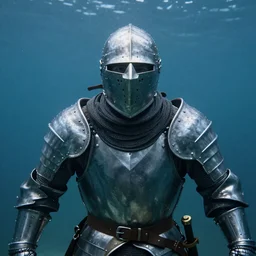 Underwater photo of a brave person in medieval armor by Trent Parke, staring at a camera through a visor, close up, huge bubbles, metallic patterns, clean, detailed