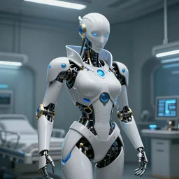 cyborg necromancer, scifi, futuristic, helpful, kind, benevolent, intelligent, white, blue, gold, hospital room, highly detailed, trending on artstation, soft light, machine, advanced technology, art by vitaly bulgarov and nivanh chanthara