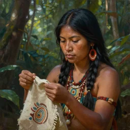 a beautiful painting of a young indigenous female crafting a fabric in the jungle realistic face ayahuasca fantasy art style matte painting hig