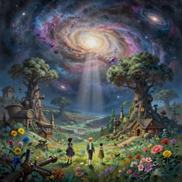 a beautiful landscape painting of steampunk landscape, a junk nebula in the sky, galaxies visible, giant trees and colourful flowers, by jean - honore fragonard and don bluth and makoto shinkai, light rays, trending on artstation, octane render