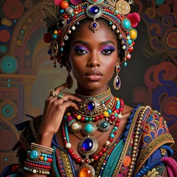 the portrait of the absurdly beautiful, graceful, elegant, gorgeous, fashionable black female model made with colorful jewelry, an ultrafine hyperdetailed photograph by irakli nadar, intricate linework, bright colors, octopath traveler, final fantasy, unreal engine highly rendered, global illumination, radiant light, intricate environment
