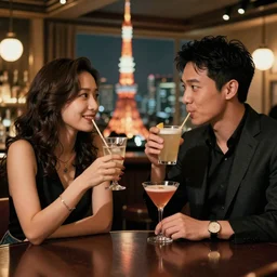a young status-seeking couple drinking cocktails in a classy bar in tokyo, picture in the style of Edward Hopper