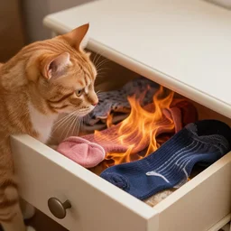 an orange cat staring at a drawer filled with socks on fire, high - resolution photo