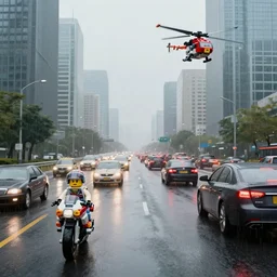 motorcycles and cars on a highway, skyscrapers, rain, street lights, dense traffic, helicopter chase. lego movie still.
