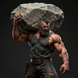 a muscular man wearing torn clothes carrying a giant stone on his back, big beard, bold, hyperrealistic, concept art, octane render, unreal engine 5, trending on artstation, high quality, 8 k, anatomically correct, five fingers, digital art, symmetrical, low contrast, epic scene, cinematic, dramatic lighting, high coherence