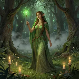 Beautiful woman, elf, Brown hair, magic wand, candles, light fog, green lights, head scarf, meadow in the forest, old trees, full body shot, fantasy character, detailed illustration, hd, 4k, digital art, overdetailed art, concept art, by greg rutkowski, by Alfons Mucha, complementing colors, Trending on artstation, deviantart