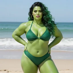 portrait of a posing beautiful thick muscular green she - hulk at the beach with her arms behind, summer, sea, hot day, sunlight, broad robust and strong figure, long curly green hair, well toned muscles, beautiful, highly detailed, sharp focus, donato giancola and thomas kinkade, pinup