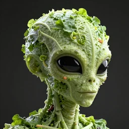 alien creature head made of fresh salad toppings, intricate details ultra-realistic 4k