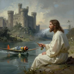 jesus sitting by the river fishing, exudes terror, castle, mysterious breath, spitfire, photography, hyperrealistic, by greg rutkowski, smooth, illustration, elegant, artstation, digital painting.