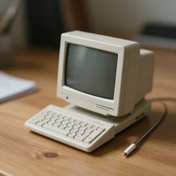 tilt shift photography, extreme dof, a miniature retro 1 9 9 0 computer on a wood tabletop