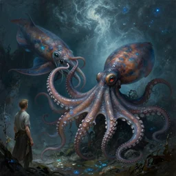 a painting of an octopus attacking a giant squid, a fine art painting by gary freeman and by tim white and by philippe druillet, artstation, fantasy art, lovecraftian, bioluminescence, cosmic horror