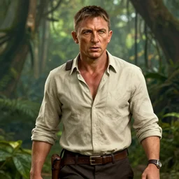 daniel craig as indiana jones, octane render, unreal engine, jungle background,