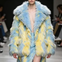 a show design by leonardo davinci design by balenciaga ,fur, blue and yellow,pastel colours , hyperrealistic, highly detailed, fashion design,baroque,matte painting, concept art, hdri, 4k