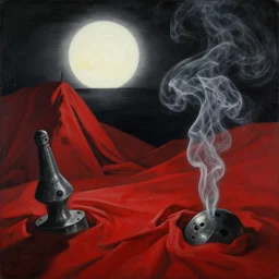 magical landscape, chiaroscuro, red fabric, metalic parts, transparent smoke from hell, notan sun in the background, abstract, surreal art, painted by beksinski and android jones
