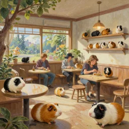 a mixed media painting of the interior of an aesthetic japanese guineapig animal cafe, realistic guineapigs everywhere, by simon stalenhag, frank frazetta, greg rutkowski, beeple, yoko taro, christian macnevin, beeple, wlop and krenz cushart, epic fantasy character art, volumetric outdoor lighting, midday, high fantasy, cgsociety, cheerful colours, full length, exquisite detail, post - processing, masterpiece, cinematic