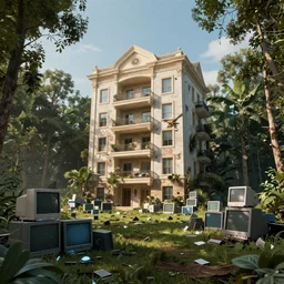 decaying Luxury housing emerging form a forest landscape, piles of crt monitors littering the landscape, volumetric light , full colour ,4k