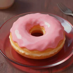 beautiful glossy digital painting of a pink glazed donut on a red glass plate