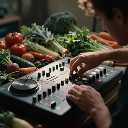 film still of bipedal fresh produce making beats on an mpc