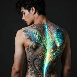extremely beautiful and handsome young man. pinballpunk. he has beautiful, elegant light - emitting tattoos on his back. tattoos have jewel tones, gradients, intricate line work. professional photography in a dark room, light only comes from tattoos.