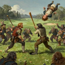 Bandobras Took charging the goblins' ranks with a wooden club, and knocking the goblin chieftain Golfimbul's head clean off, sending it sailing a hundred yards through the air and down a rabbit-hole, thus winning the battle and inventing the game of Golf at the same time. Fantasy artwork by Alan Lee.