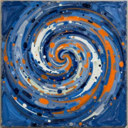 swirling abstract painting in dark blue, white, orange, painted by Julian Schnabel, Helen Frankenthaler, Pat Steir and Hilma af Klint, abstract painting, color field painting. 8k, pastose, extreme detail, intricate detail, masterpiece
