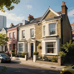 cyberpunk, an estate agent listing photo, external view of a detached city house in the UK, cityscape, sunny, by Paul Lehr, highly detailed, photorealistic, unreal engine, 8k, anamorphic, cinestill cinematrography