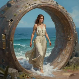 a beautiful painting of a fully clothed woman emerging from a stargate, by the sea by francesca woodman by octane render blender 8 k isometric dof spot lighting