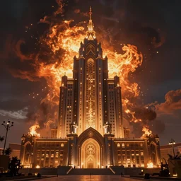 single cyber building in fire storm, ornate and intricate, glowing detail, by anton fadeev, by rhads, 4 k