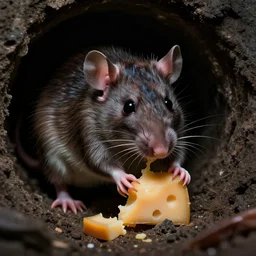 a giant mutant disgusting rat eating cheese in a sewer, photograph, terror, horror, mutant, scary,