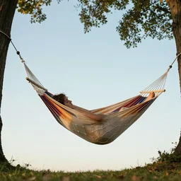 A person sleeping in a hammock that is high in the sky