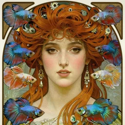 realistic detailed face portrait of Mermaid Marie Antoinette surrounded by colorful betta fish by Alphonse Mucha, Ayami Kojima, Amano, Charlie Bowater, Karol Bak, Greg Hildebrandt, Jean Delville, and Mark Brooks, Art Nouveau, Neo-Gothic, gothic, rich deep moody colors