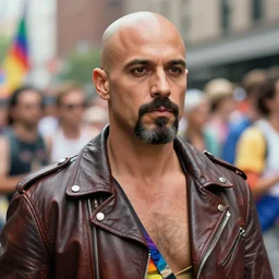 a bald man in leatherclothes with a goatee,pride parade, art by Tony sart, Thomas kinkade