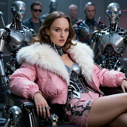 beautiful fantasy character portrait of a natalie portman cyborg, wearing pink puffy bomber jacket with white fur, seductive reclining pose, ultra realistic, terminator lighting, robots, the fifth element artifacts, highly detailed by peter mohrbacher, hajime sorayama, wayne barlowe, boris vallejo, aaron horkey, gaston bussiere, craig mullins