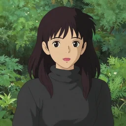 Character portrait of a young beautiful woman in a lush park, beautiful face, long dark hair with bangs, wearing a black turtleneck sweater, highly detailed, cel shading, Studio Ghibli still, by Ilya Kuvshinov and Akihiko Yoshida