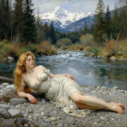 a painting of a very beautiful blonde woman wearing a sexy dress and lying on pebbles by a beautiful river in a virgin forest with snowy mountains in the background, in the style of rosa bonheur, amazing detail, award winning
