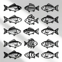 pattern drawing of fishes by keith haring. black and white, vector, svg