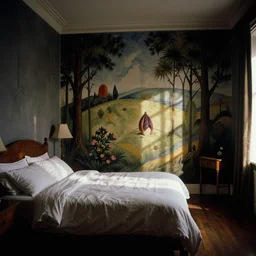 A bedroom designed by Leonora Carrington, 35mm film, long shot