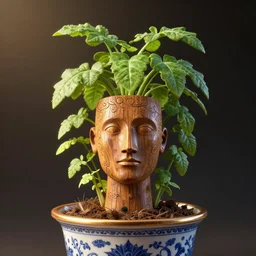 medium shot, mandrake in a porcelaine pot, wooden human head with mandrake!!! leaves!!! growing from it, intricate hyper detailed ultra sharp sharp focus, global illumination, radiant light, alexandre ferra, irakli nadar, octane render, unreal engine, 4 k, ultra hd,