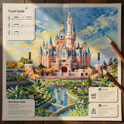 musical multiverse map and travel guide, disneyland, labels, coupons, pencil and gouache