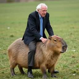 Bernie Sanders riding a large capybara