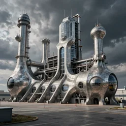 futuristic biomorphic brutalist factories, hyperrealistic digital art masterpiece, lee madgwick david ligare, dramatic moody lighting, long shot, wide angle, uhd 8 k, sharp focus