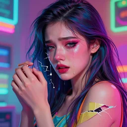 young woman, gorgeous face, vaporwave aesthetic, synthwave, colorful, psychedelic, broken beaten, sadness, crying, inner strength, holding onto, artstation, concept art, smooth, extremely sharp detail, finely tuned detail, 8 k, ultra sharp focus, illustration, art by artgerm and greg rutkowski and alphonse mucha