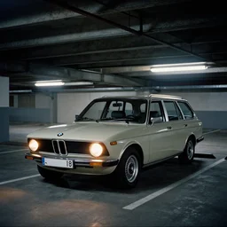 BMW wagon estate with its lights on, inside of an badly lit 1970s parking garage, ektachrome photograph, volumetric lighting, f8 aperture, cinematic Eastman 5384 film