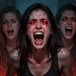 women with red glowing eyes screaming in pain , digital art by Mandy Jurgens and Irina French and Heraldo Ortega , hyperdetailed, artstation, cgsociety